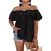 MakeMeChic Women's Plus Size Off Shoulder Top Tie Front Layered Ruffle Short Sleeve Blouse Top