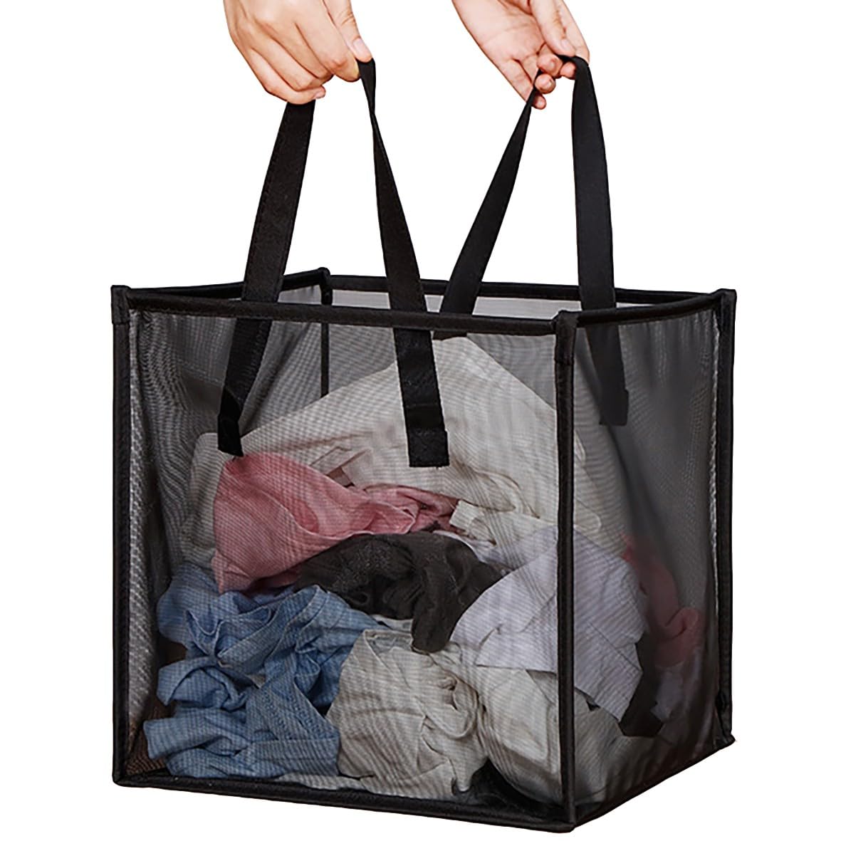 BOSNONA Mesh Pop Up Laundry Basket with Handles Portable and Collapsible Laundry Hamper Foldable Storage Organizer for Laundry Room Clothes Toys (Black-Single Layer)