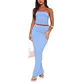 Euulin Two Piece Dress Outfits for Women Sleeveless Tube Tops Bodycon Maxi Dress Summer Strapless Crop Top Sexy Suits Set