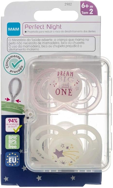 Chupeta Perfect Mam Night 6 Meses + Rosa – Embalagem Dupla (Permite Que Seja Facilmente Encontrada De Noite Pois O Botão Brilha No Escuro), Mam, Rosa