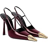 THESHY Womens Slingback High Heels Metal Pointed Toe Leather High Stiletto Heel Pumps Slip on Elastic Strap Fashion Dress Shoes for Women