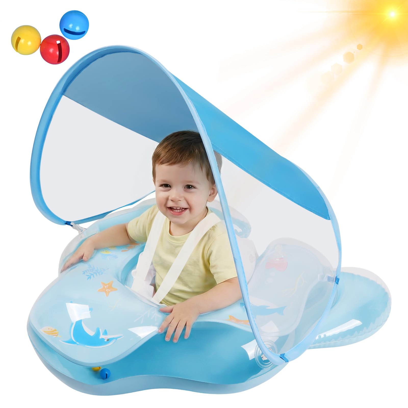 Oziral Baby Swimming Ring with Removable UPF50+ Sun Canopy and Bell, Baby Swimming Float, Toddler Swimming Ring,Tail Wing with Dual Air Bags Baby Float Swim Seat Safe and Fun Pool Float for Tod,Blue