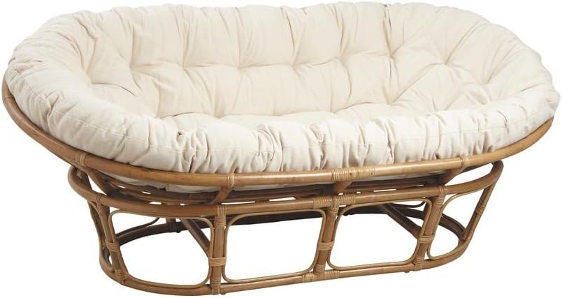 Canape Papasan En Rotin Avec Coussin Ecru 2 Places 169x100cm