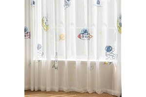 KMSG Cartoon Astronaut Sheer Curtains for Kids Room Nursery Printed Space Planets Patterns Voile Tulle Drapes for Bedroom Living Room Light Filtering Window Treatments Grommet Top 1 Panel W52 x L84 Inch