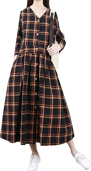 Amazon Mlbossワンピース 長袖 チェック柄 麻 ロングワンピース ハイウエスト ゆったり フレアワンピース カジュアル 大きいサイズ 春 秋 黒 ワンピース チュニック 通販