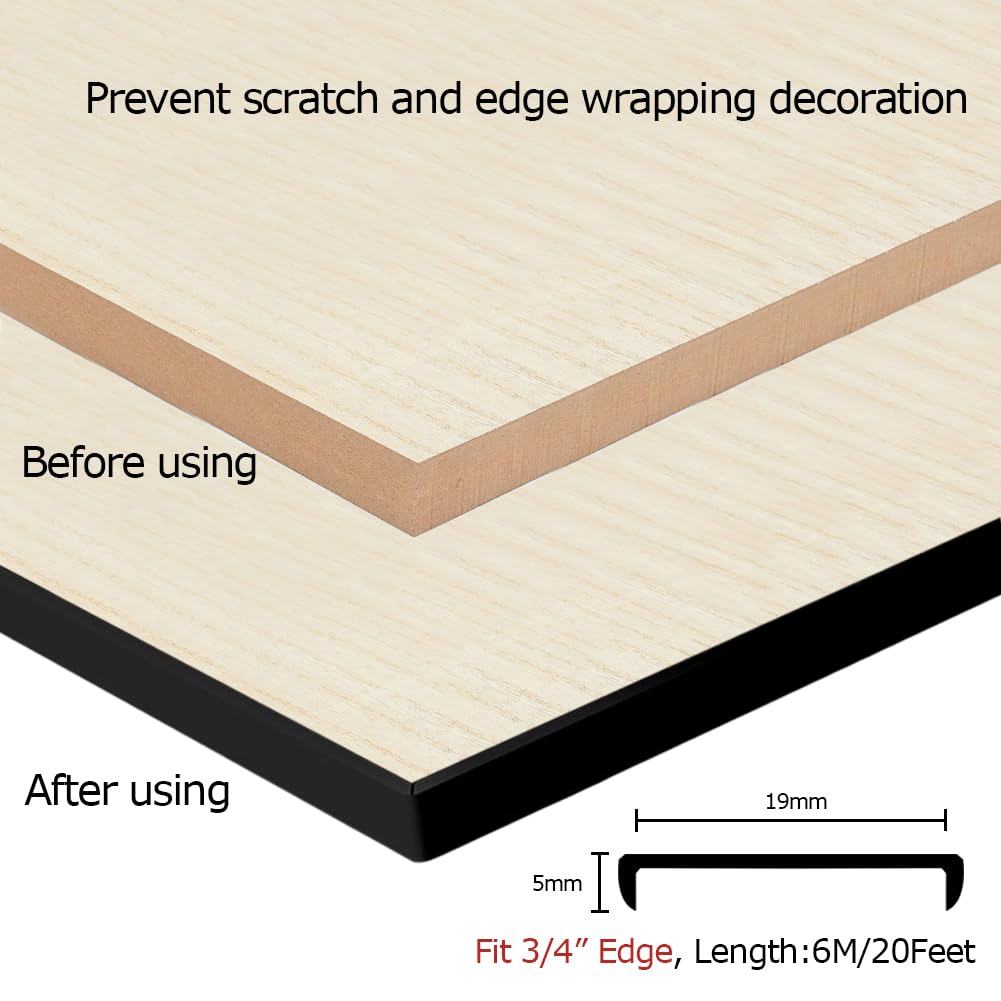 U Shape Plywood Edge Banding, Fit 3/4 inch Edge, Desk Edge Protector, Self-Adhesive Edge Trim for Veneer, Furniture, Countertop, Table, Sheet Metal, Black, 20Ft