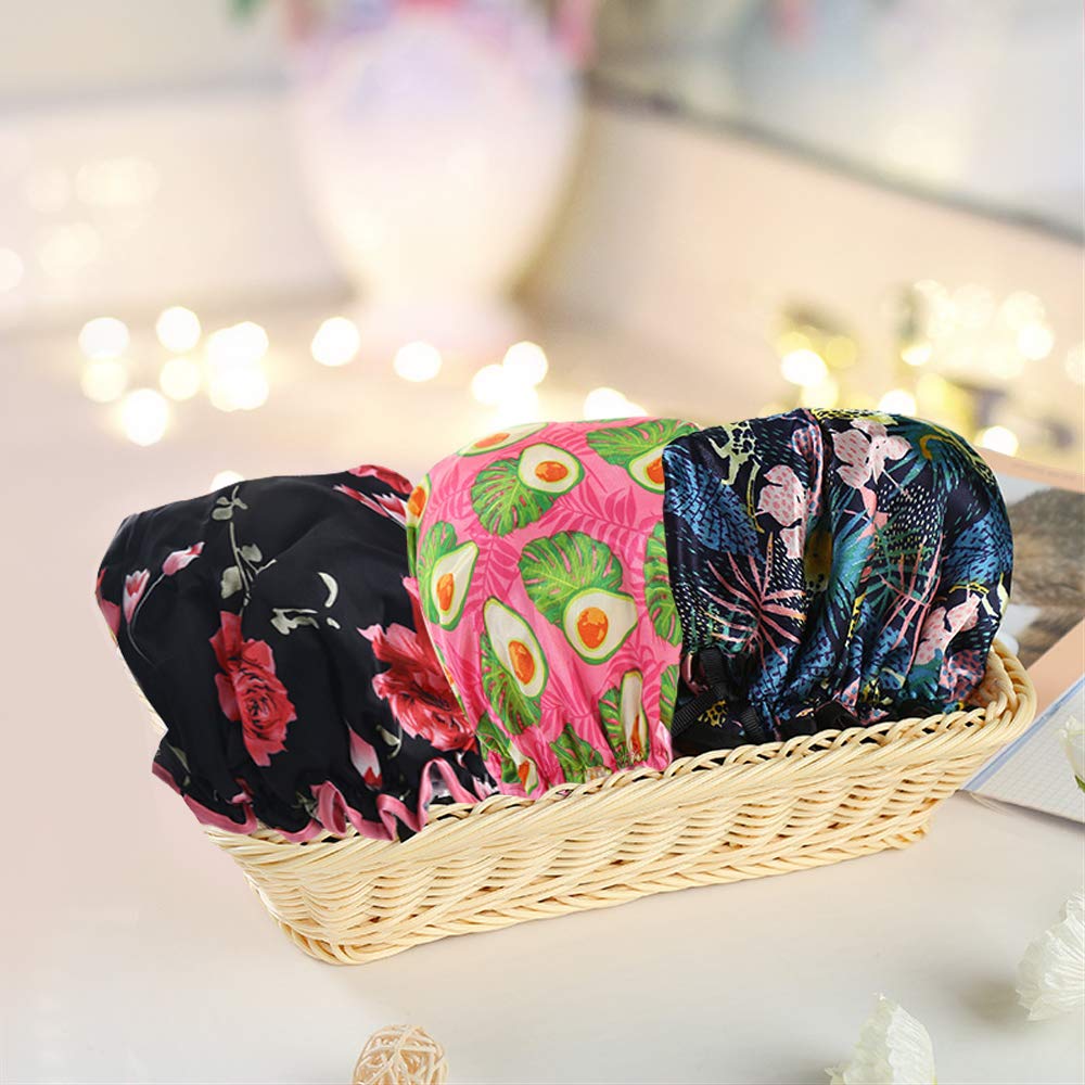 3PACK Shower Cap for Women, Reusable Bath Hair Cap with Waterproof Double Layers Design, Stylish Printed Shower Hat with Elastic Band, Suitable for Different Hair Lengths and Head Circumference : Beauty