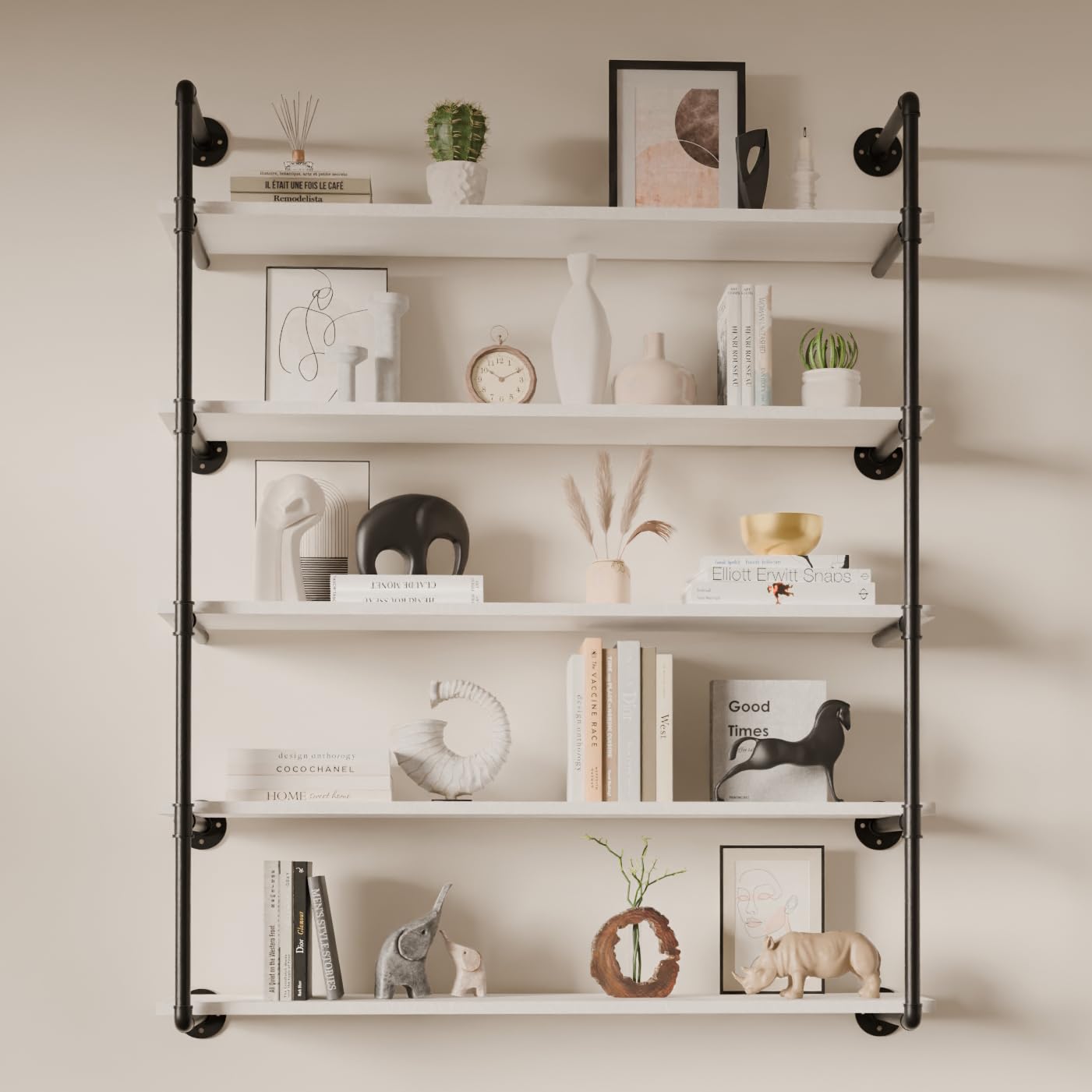 Photo 1 of ONOTETUT Industrial Iron Pipe Shelf 5 Tier,48 inch Pipe Shelving with Solid Wood Plank,Open Book Shelves Storage,Floating Wall Mount Bookcases for Living Room,Office,Kitchen