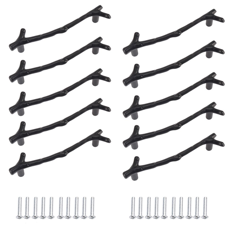 MyArmor 10pcs Modern Zinc Alloy Tree Branch Twigs Knob Pull Handle 122mm Length Minimalist Creative for Kitchen Cabinet Cupboard Closet Drawer Furniture Kids Bedroom (Black)