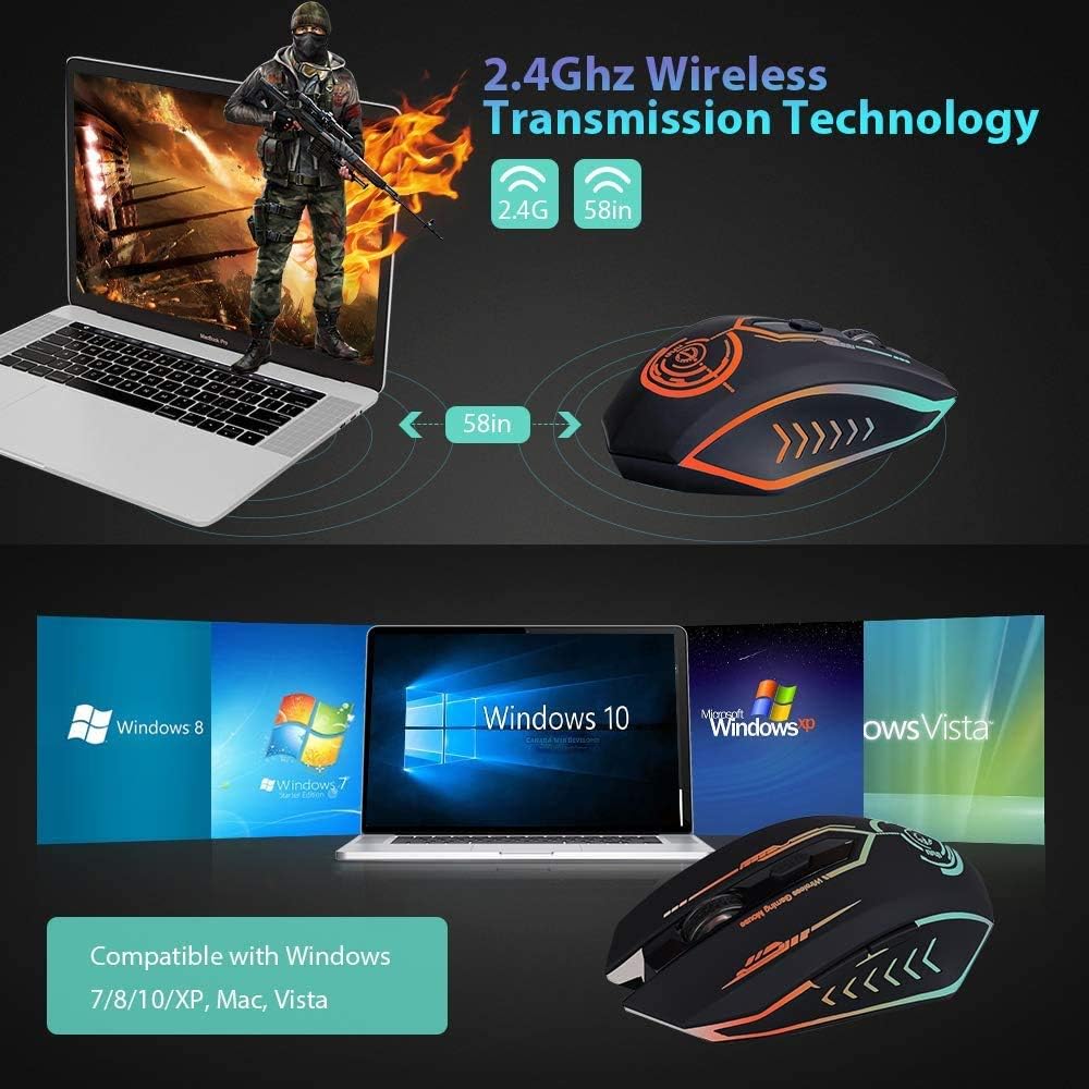 Wireless Gaming Mouse Up to 10000 DPI, UHURU Rechargeable USB Mouse with 6 Buttons 7 Changeable LED Color Ergonomic Programmable MMO RPG for PC Computer Laptop Gaming Players: Computers & Accessories