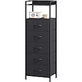 Somdot Tall Night Stand for Bedroom,Tall 5 Drawers Dresser, Vertical Storage Tower Unit, Nightstand Furniture with Fabric Drawer Organizer in Bedside Kids Dorm Room Closet Laundry Entryway,Black