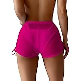 Falainetee Women's Drawstring Side Mesh Sheer Beach Summer Cover Up Shorts Bikini Bottoms