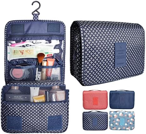 Portable Waterproof Travel Makeup Bag - Lady Color Foldable Organizer Travel Cosmetic Toiletry Bathroom Beach Bag for Women/Men, Shaving Kit with Hanging Hook for vacation (Navy Star)