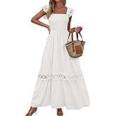 PRETTYGARDEN Women's Smocked Summer Maxi Dresses 2026 Ruffle Cap Sleeve Square Neck Lace Detail Flowy Sundress with Pockets