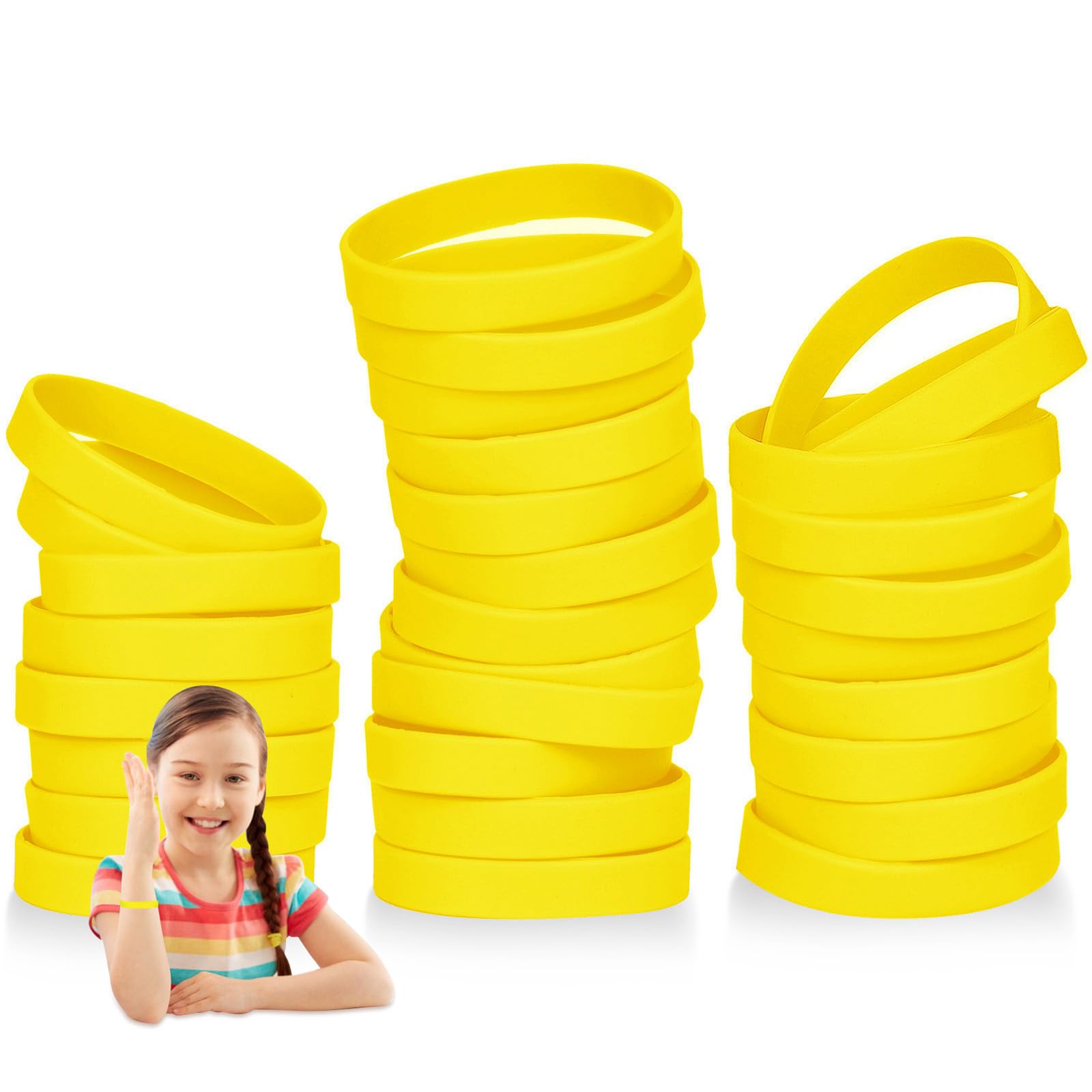 THXIY 100PCS Silicone Wristbands for Kids Teens, 7'' Sports Wholesale Rubber Bracelets for Events, Party Teacher Supplies Boys Gilrs Education Activities Yellow