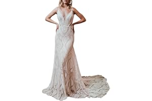 EVER GIRL Women's Beach Wedding Dresses for Bride 2022 Vintage Long Sleeves Lace Bohemian Bridal Gown