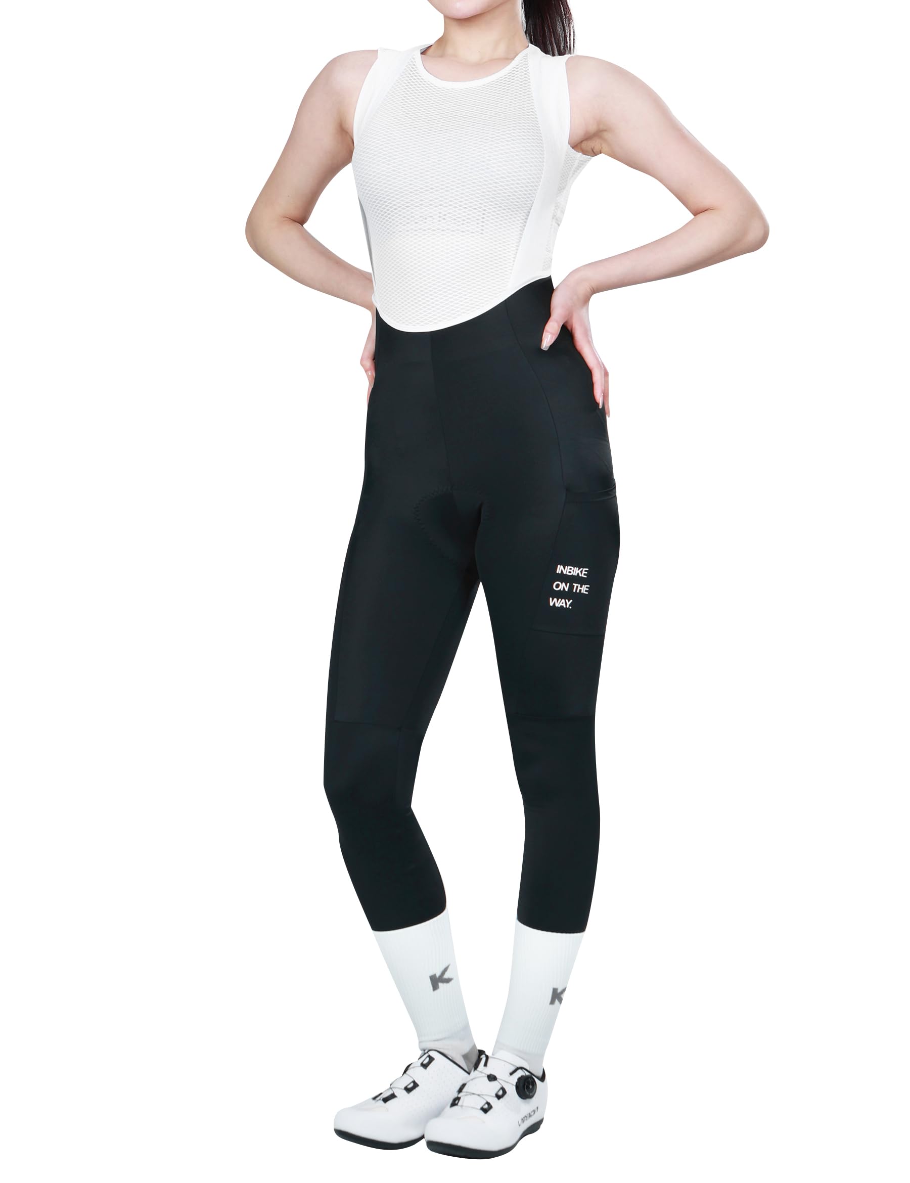 INBIKE Bib Hose Trägerhose Fahrradhose Damen Gepolstert Radunterhose Rennradhose Radlerhose Lang mit 3D Sitzpolsterung Einer Tasche Atmungsaktiv Hochelastisch,S