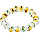Honbay 1PCS Sunflower Porcelain Beads Bracelet Flower Ceramic Bead Stretch Bracelet with 1PCS Velvet Drawstring Bag