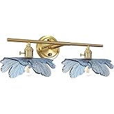 2 light bathroom vanity light gold brass wall sconce with Blue Flower Glass Shade mid century wall light vintage wall sconce 