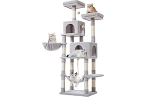 Taoqimiao 66-Inch Cat Tree Cat Tower for Indoor Cats, Plush Multi-Level Cat Condo with 12 Scratching Posts, 2 Perches, 2 Caves, Hammock, 2 Pompoms MS013W Light Gray