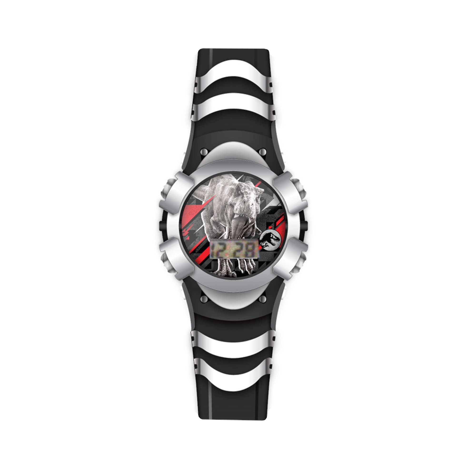 Kids Jurassic Park World Black Dinosaur Digital Light Up LCD Quartz Wrist-Watch with Black Strap for Boys, Girls and Toddlers (Model: JRW4049AZ)