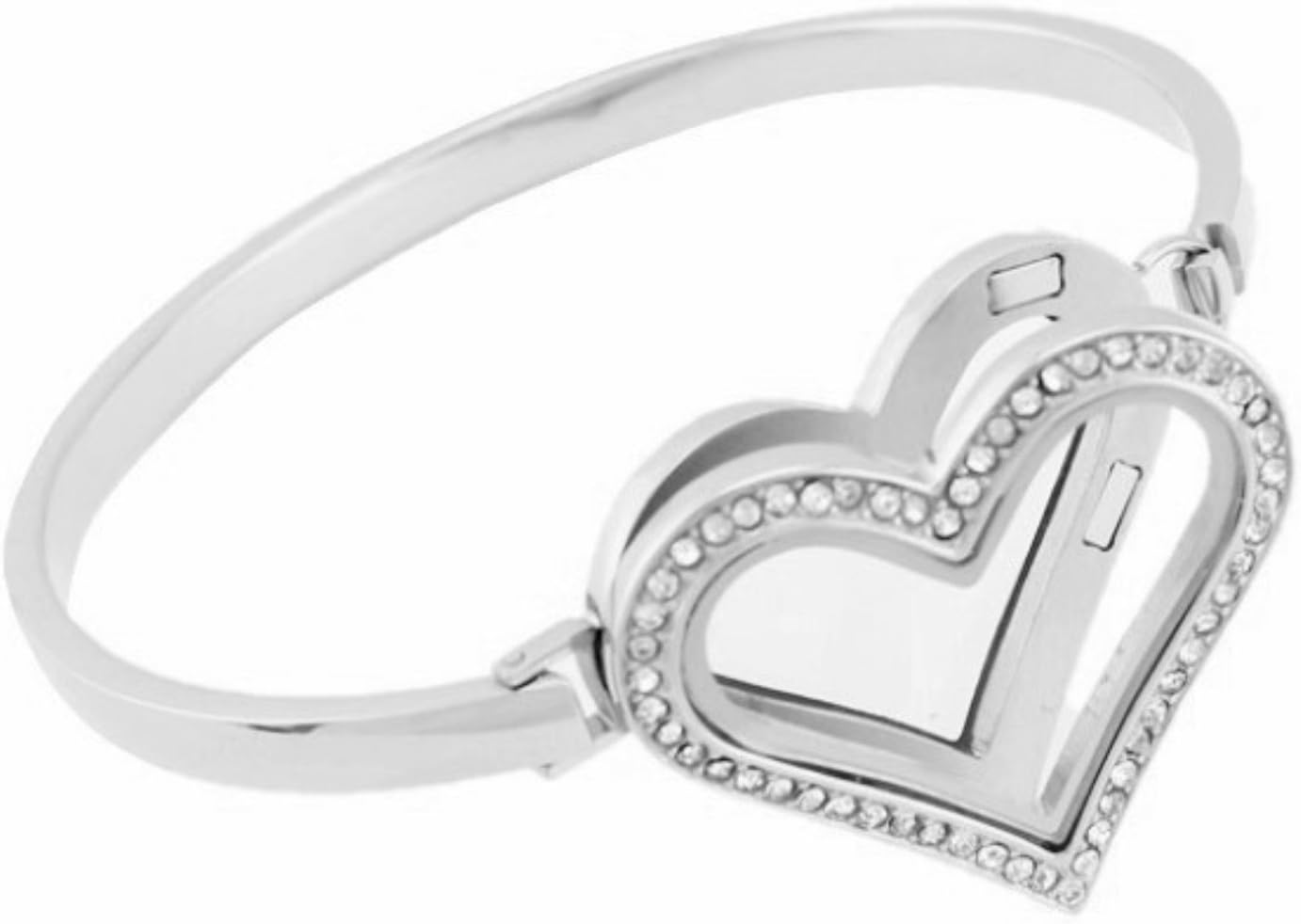 Stainless Steel Floating Locket Bangle Bracelet - Glass locket Bangle Living Floating Charm Locket Bracelet for 8'' wrist by BG247 (Silver Rhinestone Heart - Size 8)