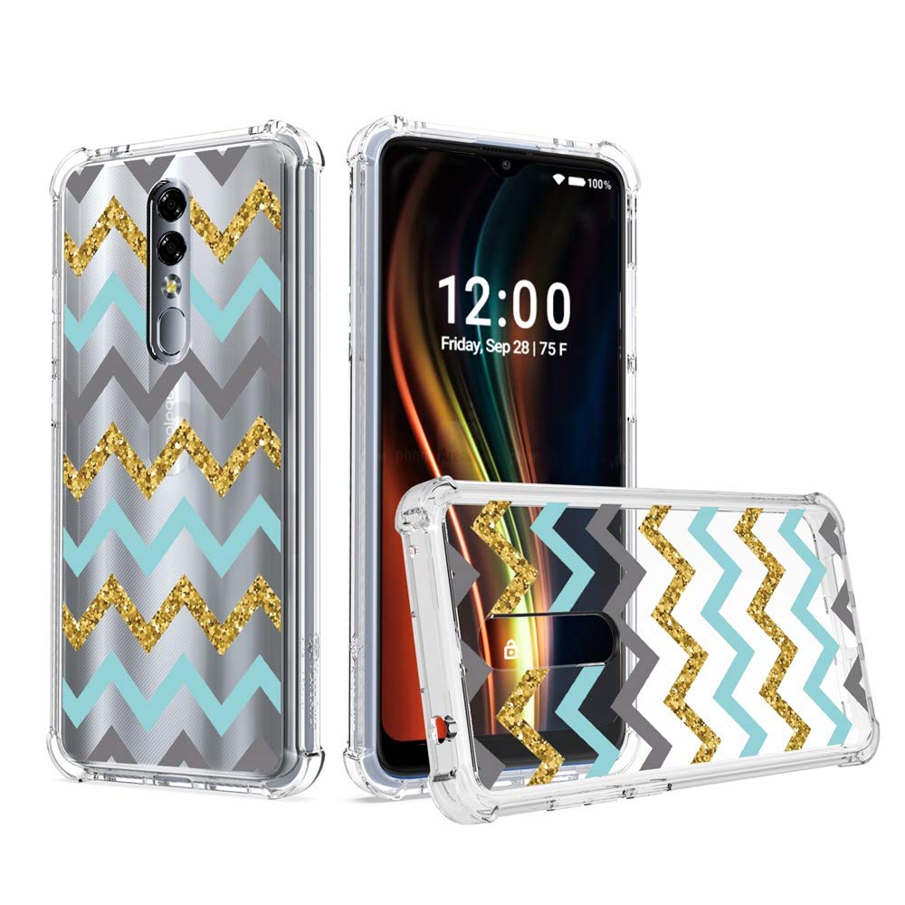MyFavCell Compatible for Coolpad Legacy Brisa 6.5" with [HD Tempered Glass] Transparent Shockproof Clear Hybrid Design Case Cover KaseAult HRWireless Series (Teal Gold Zigzag)
