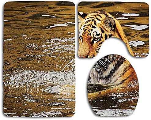 Hicyyu Wild Life Safari Big Cat Tiger with Stripes in a African Lake Swimming Nature Print Bathroom Rug Mats Set 3 Piece Bath Mat Contour Mat and Lid Cover Bathroom Kitchen Carpet Doormats Decor