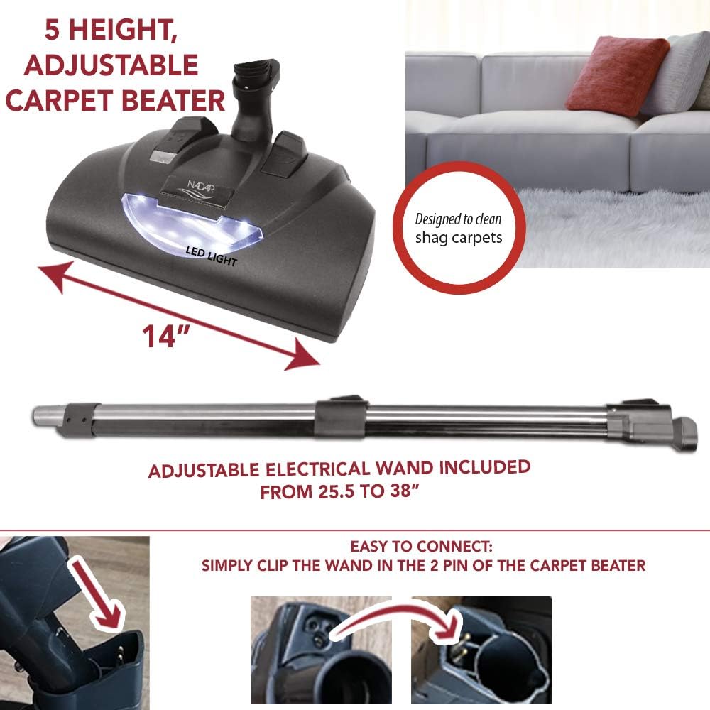 Detailed view of the electrical carpet beater with adjustable height and LED light