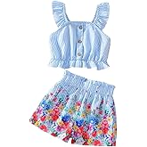 HSOXLQF Kids Toddler Girls Summer Clothes Button Design Striped Tank Top + Floral-Print Elastic Shorts 2 Piece Outfits