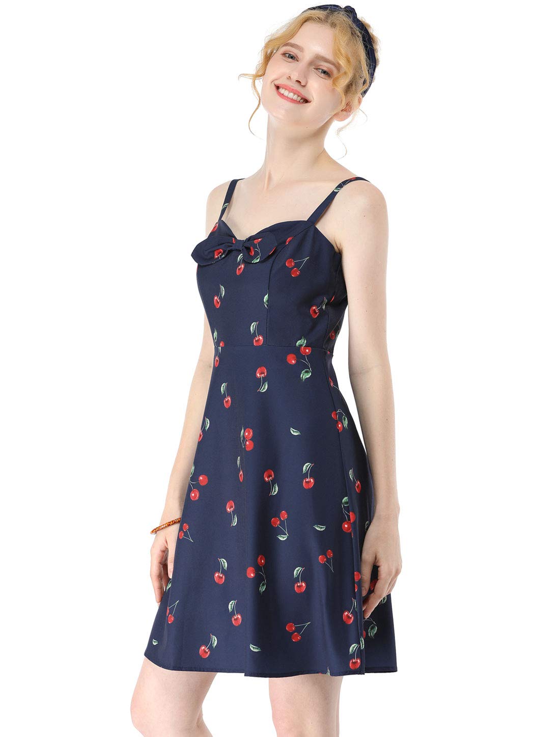 Allegra K Women's Cherry Print Dress Spaghetti Strap Retro Mini Summer