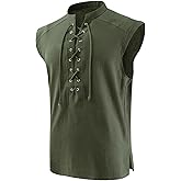 SYQBR Mens Medieval Pirate Lace-up Sleeveless Shirt, Renaissance Viking Stand Collar Top, Steampunk Gothic Costume Tunic
