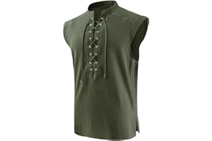 SYQBR Mens Medieval Pirate Lace-up Sleeveless Shirt, Renaissance Viking Stand Collar Top, Steampunk Gothic Costume Tunic