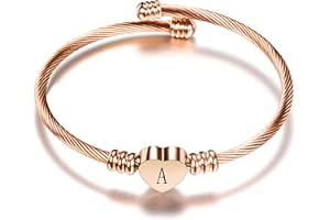 Luluadorn Rose Gold Heart Initial Letter Bracelets Engraved Alphabet 26 Letters Charms Cuff Bracelet Stainless Steel Expandab