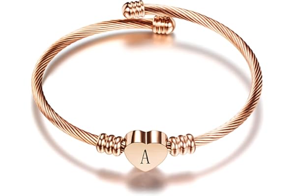 Luluadorn Rose Gold Heart Initial Letter Bracelets Engraved Alphabet 26 Letters Charms Cuff Bracelet Stainless Steel Expandab