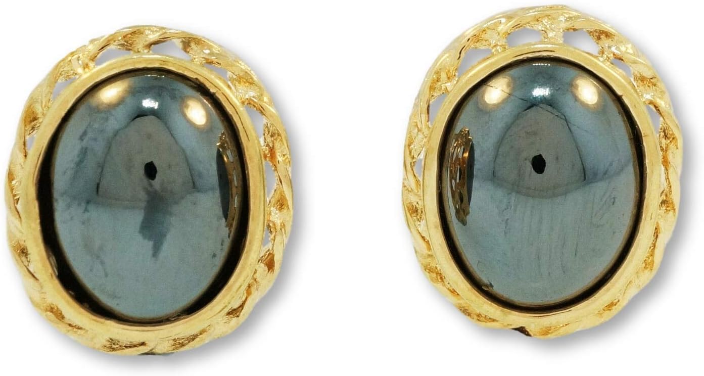 9ct Yellow Gold Cabochon (7x9mm) Hematite Stud Earrings