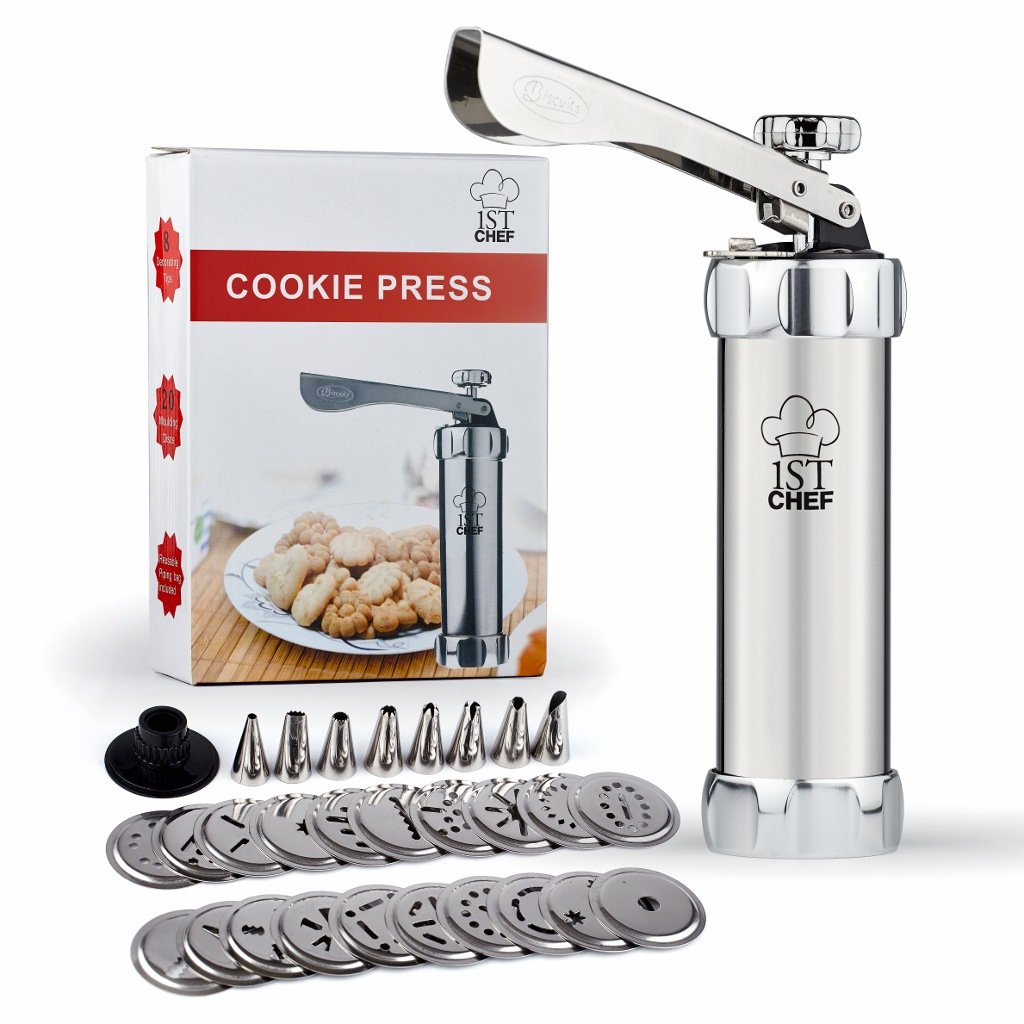 Stainless Steel Cookie Press Kit - Professional Quality - 20 Stainless Steel Discs & 8 Steel Icing Tips - FREE Reusable Piping Bag & Recipes E-Book - 1st Chef's All-In-1 Cookie Dough Gun