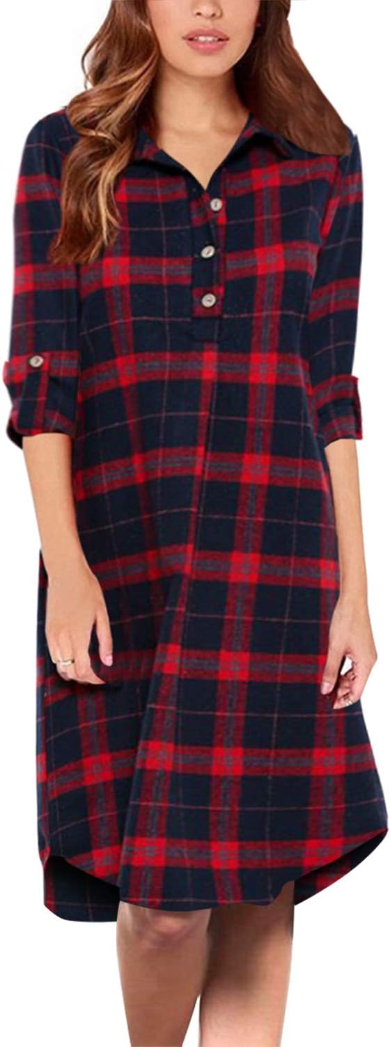 Women's Shirt Dress Checked Long Sleeve Blouse Ladies Plaid Shirt Tartan Scottish Tops Casual Long Tops V Neck Tunic Dress