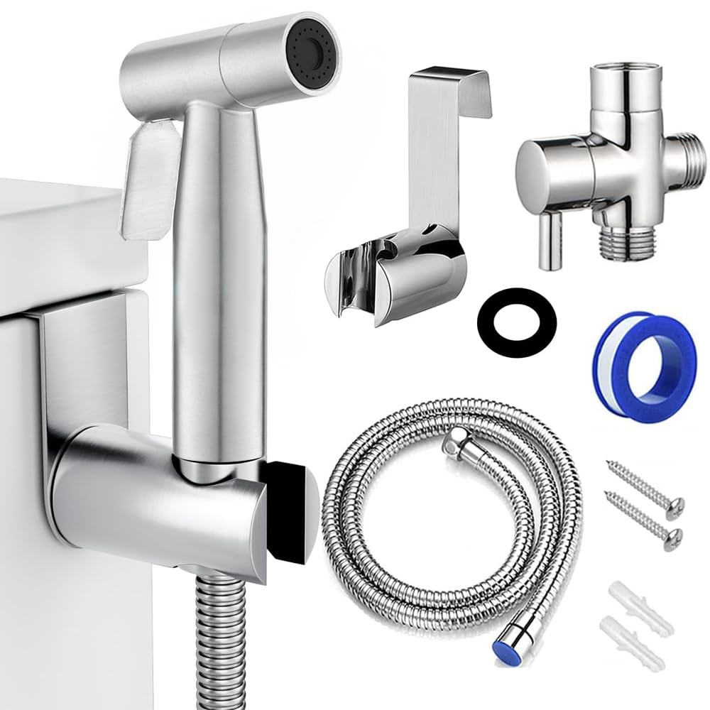 Photo 1 of Handheld Bidet Sprayer for Toilet: Premium Stainless Steel Cloth Diaper Sprayer Set, Upgraded Jet Sprayer for Toilet w/Leakproof Hose, High Pressure Bathroom Bidet Sprayer Set Muslim Shower (Silver)