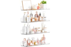 Yieach 4 Pack 15" Acrylic Shelves for Wall,Bathroom,Bedroom - with Adhesive - No Drilling Clear Floating Shelves for Funko Pop,Lego,Action Figures,Nail Polish,Perfume Shelf and Wall Storage & Display