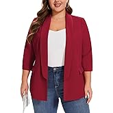 LADI TREND Blazers for Women Business Casual Open Front 3/4 Sleeve Shawl Lapel Plus Size Blazer Work Professional Office Outfits with Pocket,2XL Red