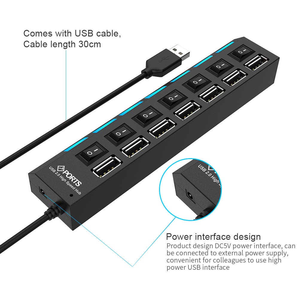 7-in-1 Powered USB Hub Splitter USB 2.0 Hub Data Transfer with Individual Switches Indicator Lights for Laptop, PC, Computer, Mobile HDD, Flash Drive and More