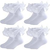 MKYSZLT 4 Pairs White Girls Ruffle Socks Toddler Cute Pearls Lace Frilly Dress Socks Church Fancy Sock for Little Kids Baby