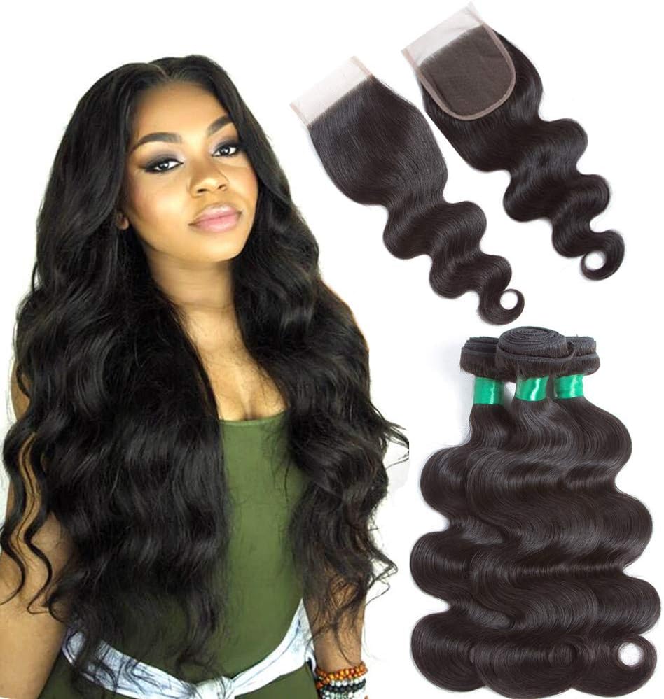 10A Brazilian Virgin Hair Body Wave with Free Part Lace Closure 100% Unprocessed Human Hair Weave Extensions 3 Bundles With Closure Remy Hair Extension Wet and Wavy Natural Color (10 12 14 +10closure)