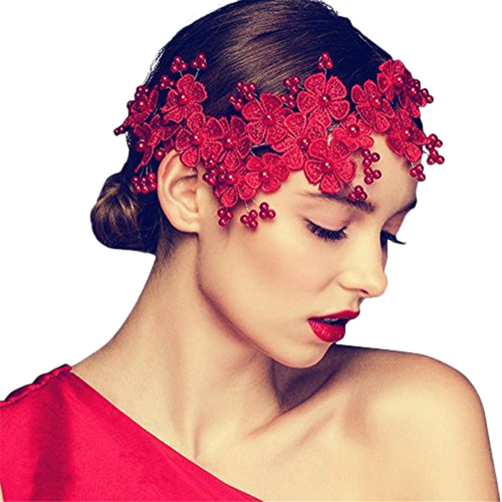 RemeeHi Hair Comb, Handmade Wedding Hair Jewelry with Pearl Tiara, Crystal, Red Flower, 25*7cm, for Female