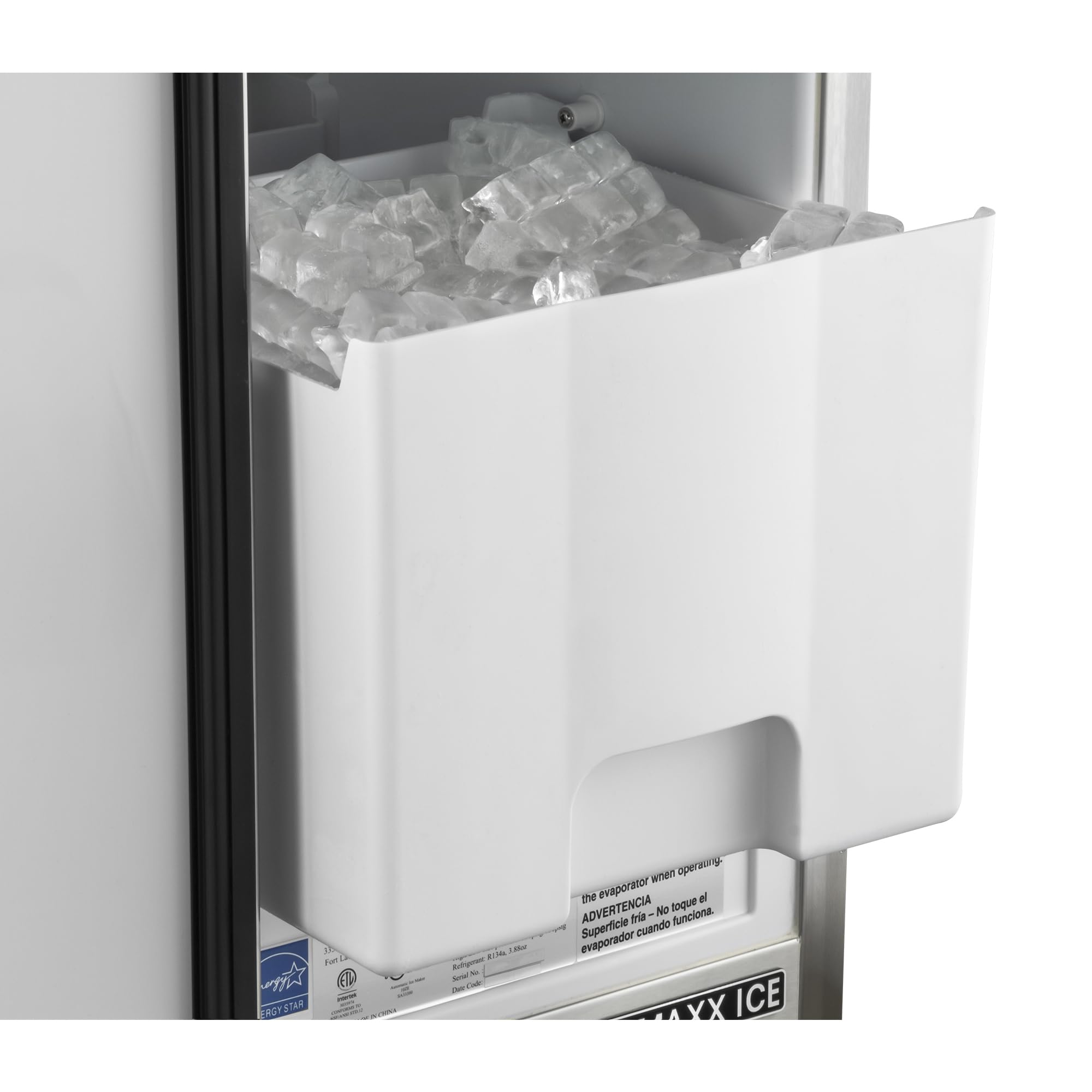 Maxx Ice MIM50P-O Indoor Outdoor Energy Star Built-in Under Counter Clear Ice Maker Machine with Drain Pump Reversible Door 65 Pound Production and 25 Pound Storage Capacity, 14.6