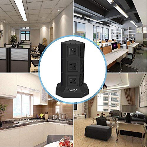 Tower Power Strip Surge Protector 12 AC Outlets with 6 Ports USB Chargers Black-Powerjc