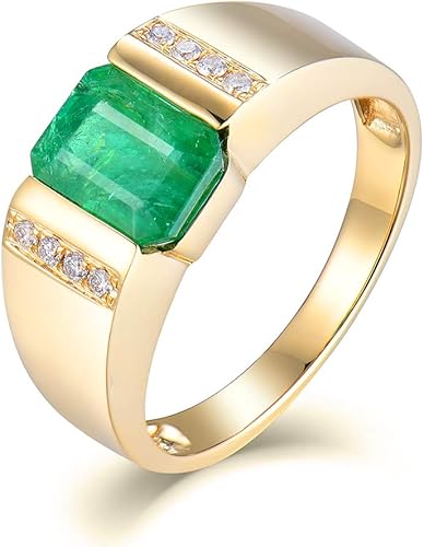 Beyond jewelry 14K Yellow Gold Natural Green Emerald Diamonds Engagement Ring for Men