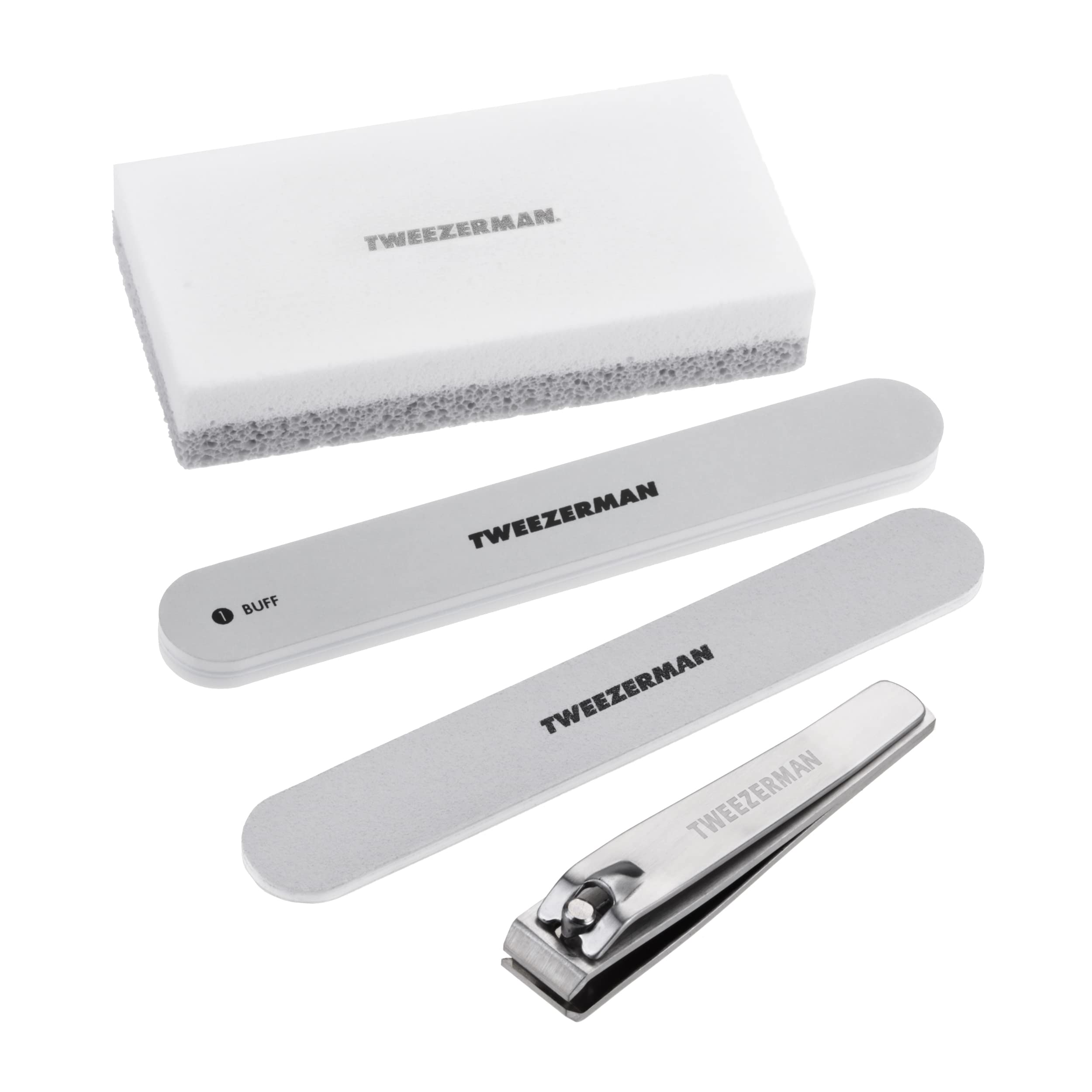 Tweezerman Essential Pedicure Kit, Pedicure Stone, Stainless Steel Toenail Clippers, Nail File and Nail Buffer (Set of 4)