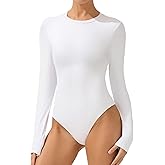 AFITNE Women’s Crew Neck Long Sleeve Bodysuit Basic Trendy Tummy Control Double Lined Thong Body Suit Tops Shirts